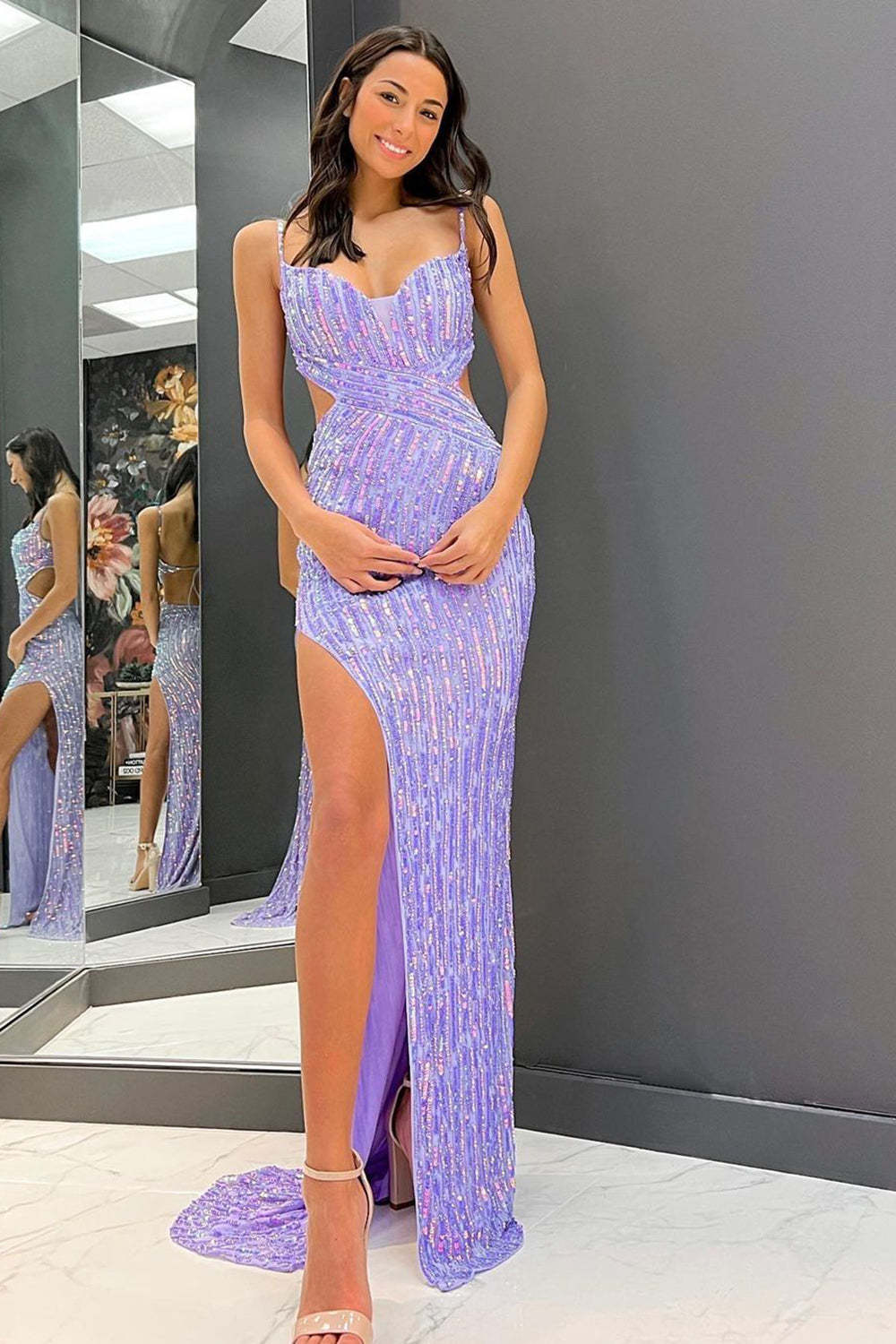 Light Purple Sequined Mermaid Prom Dress with Spaghetti Straps and Open Back