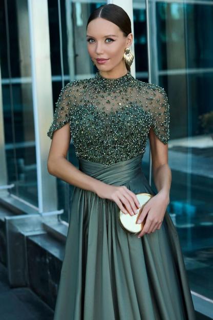 High Neck Short Sleeves Long Formal Dress With Beading Pockets