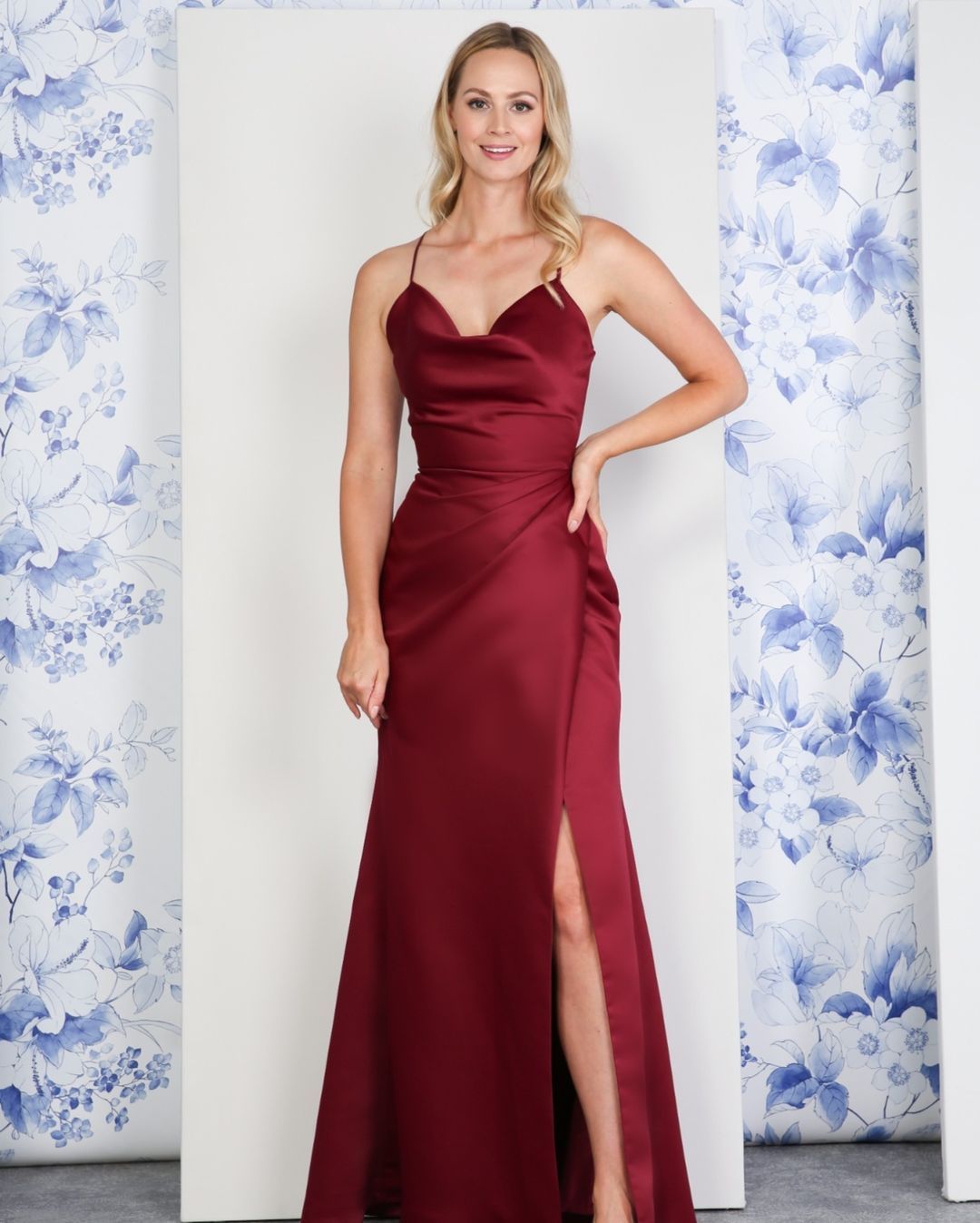 Satin Lace-up Back With High Split Sleeveless Spaghetti Strap Formal Dress