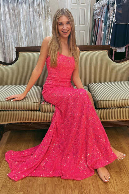 Sequined Prom Dress with Lace-Up Back in Hot Pink