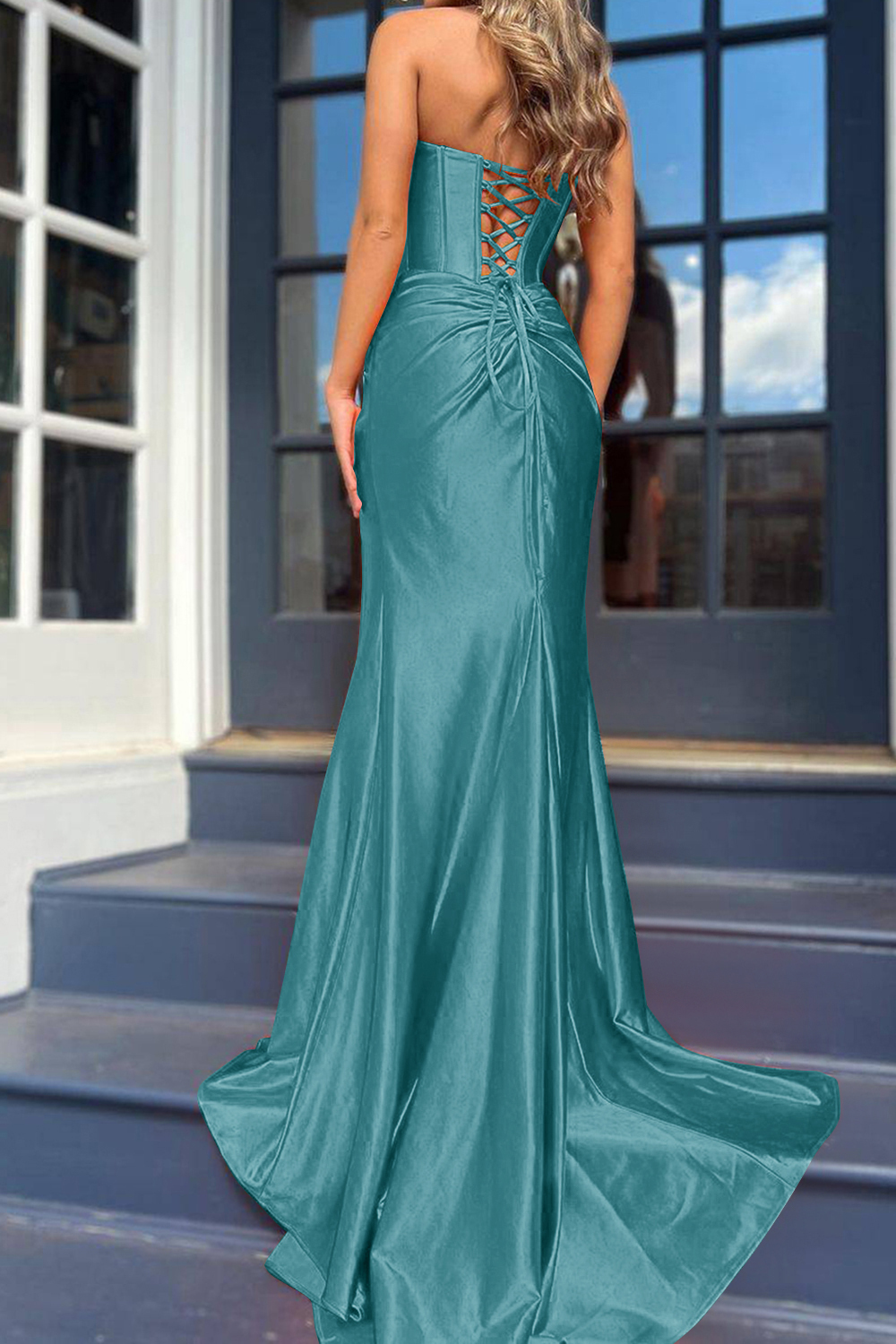 Orange Strapless Mermaid Prom Dress with Front Split and Corset