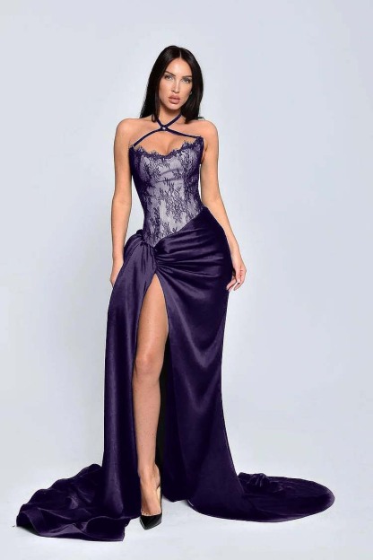 Black Halter Sleeveless Appliques Long Formal Dress With High Split