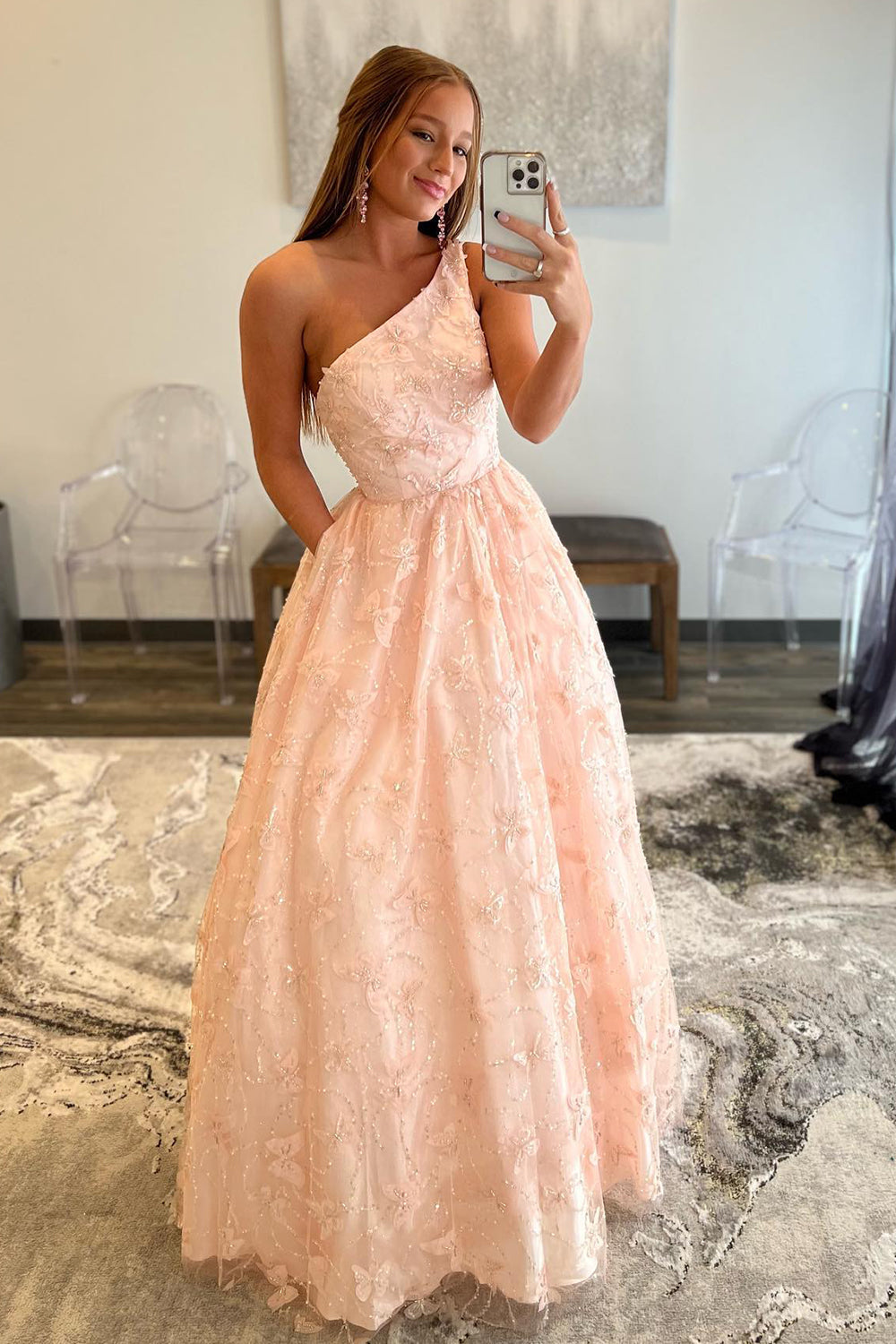 Prom Dress with One Shoulder and Appliques in Light Pink Featuring Pockets
