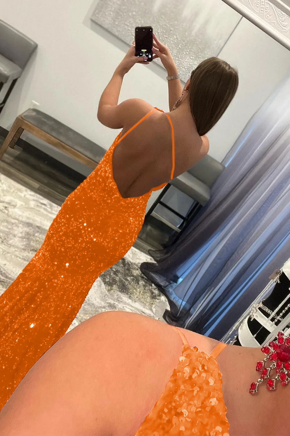 Long Prom Dress with Burgundy Mermaid Sequins