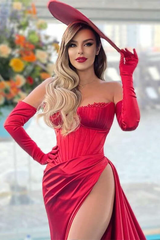 Luxury Red Strapless Slit Long Evening Dress With Chic Gloves