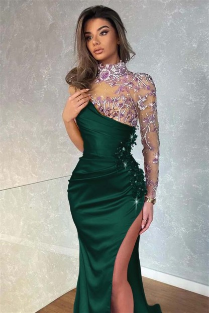 Dark Purple Appliques Mermaid High Collar Evening Dress With Beadings Split