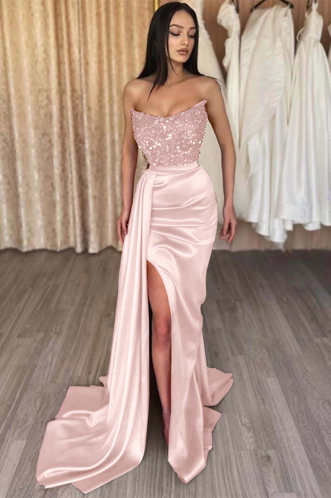 Red Strapless Elegant Sleeveless Long Sequins Formal Dress Mermaid Side Split