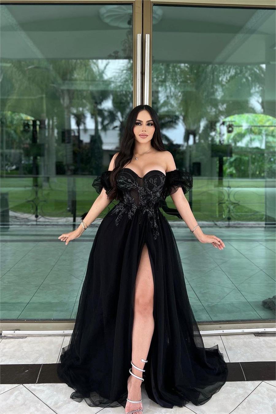 Charming Black Tulle Off the Shoulder Sleeveless Long Split Formal Dress With Embroidery