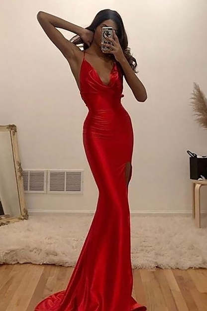 Red Long Prom Dress with Mermaid Spaghetti Straps