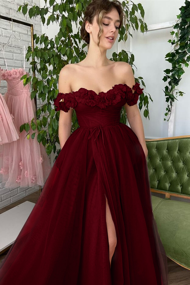 Dusty Pink A-Line Slit Strapless Off-The-Shoulder Evening Dress With Tulle Appliques