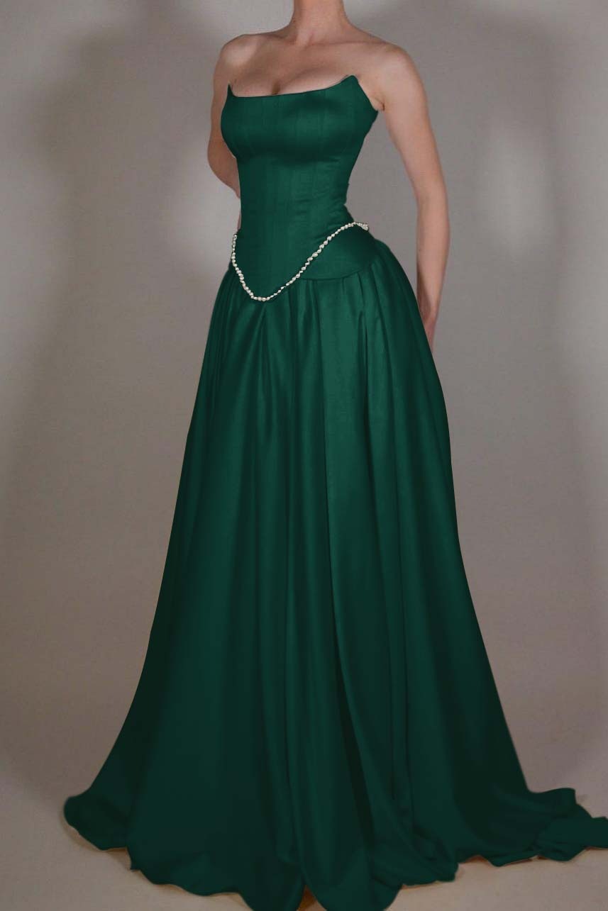 Strapless Sleeveless Long A Line Formal Dress With Pleated Beading