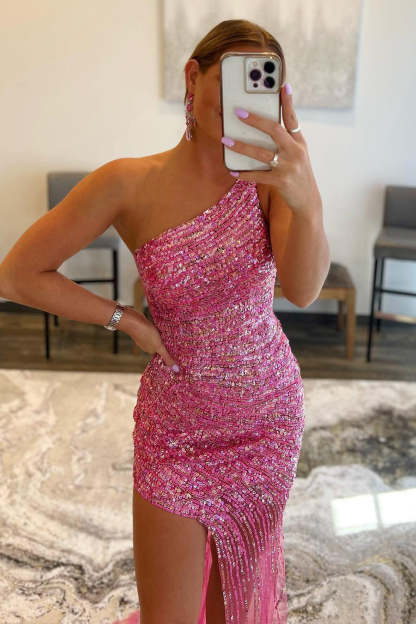 Long One-Shoulder Fuchsia Prom Dress with Sparkly Sequins and Slit