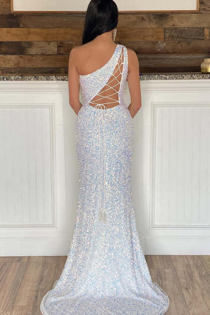 White Sequined Long Prom Gown with One Shoulder and Front Slit