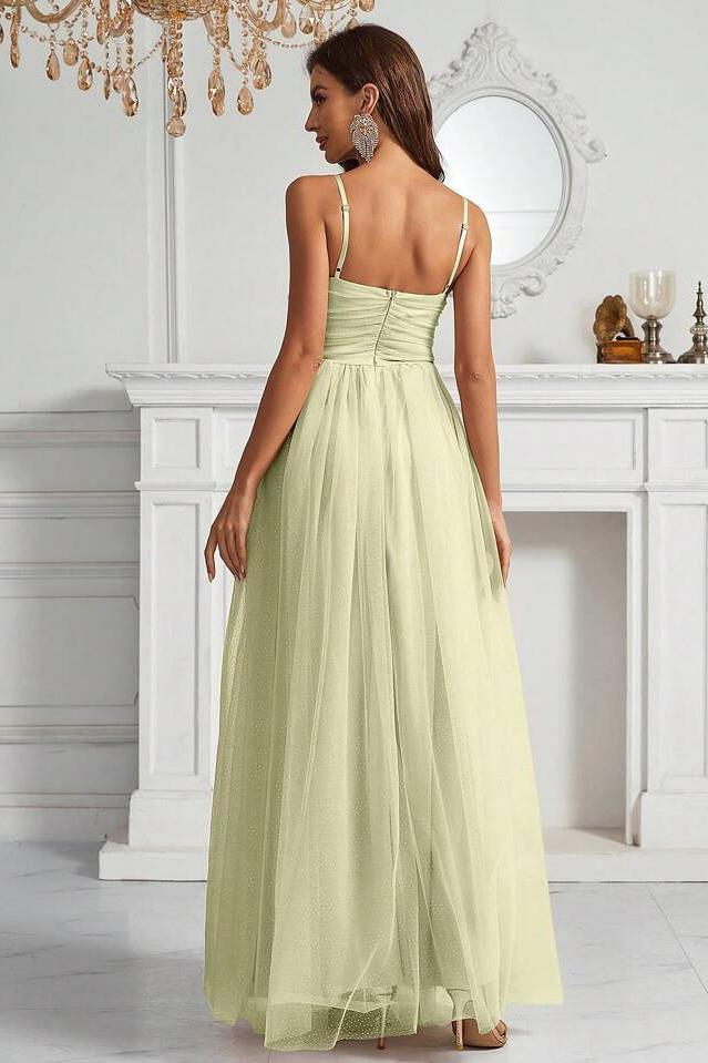 Tulle Spaghetti Strap Sleeveless Long Formal Dress With Pleated