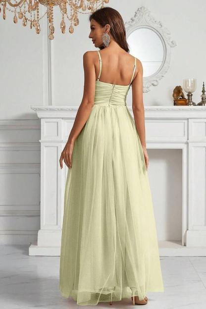 Tulle Spaghetti Strap Sleeveless Long Formal Dress With Pleated