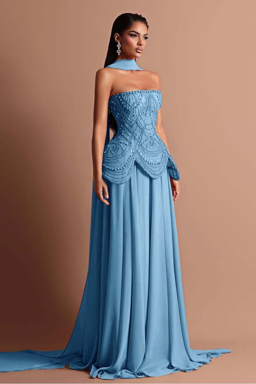 Strapless Sleeveless Long Formal Dress With Beading Pleated Wrap