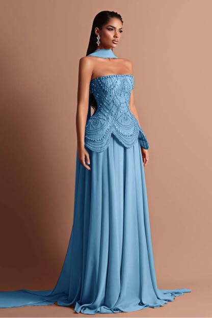 Strapless Sleeveless Long Formal Dress With Beading Pleated Wrap