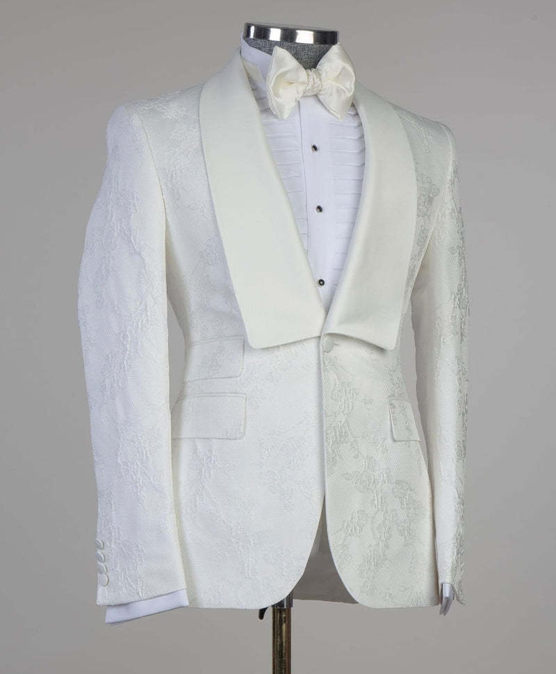 Latest Design White Jacquard One-Button Wedding Suits with Shawl Lapel