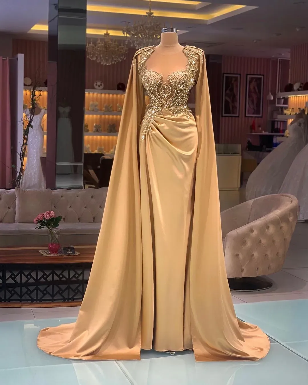 Elegant Champagne Gold Long Sleeves Beading Embroidery Long Prom Dress