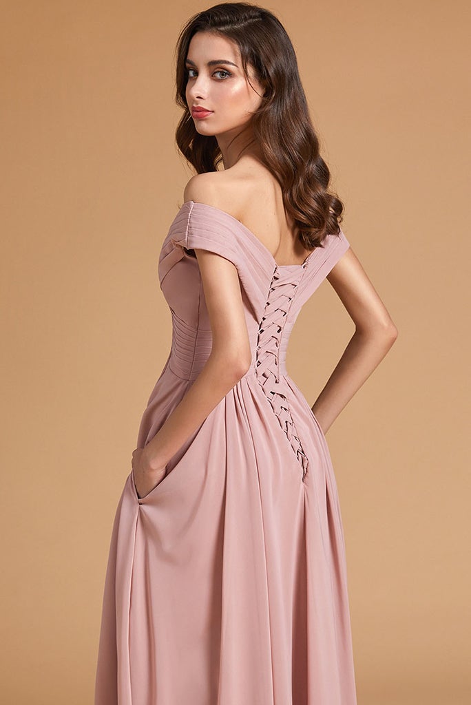 Dusty Rose Off-the-Shoulder Bridesmaid Dress Lace-Up