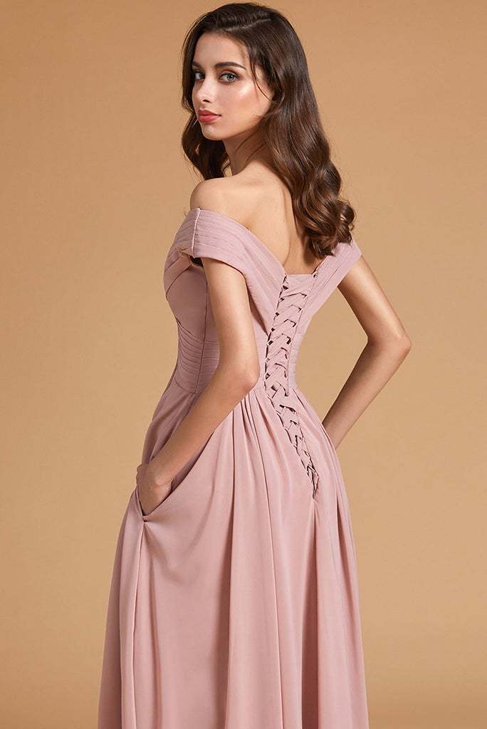 Dusty Rose Off-the-Shoulder Bridesmaid Dress Lace-Up