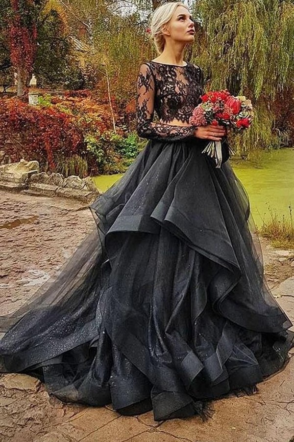 Glamorous Black Long Two-Pieces Wedding Dress with Lace Sleeves Tulle