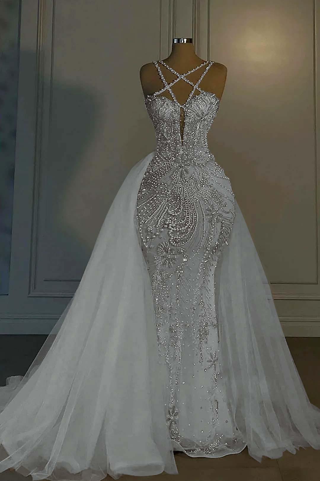 Halter Sleeveless Mermaid Long Formal Dress With Beading Tulle