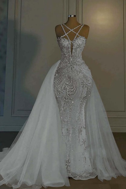 Halter Sleeveless Mermaid Long Formal Dress With Beading Tulle