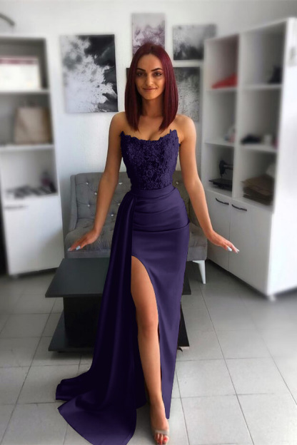 Strapless Pink Slit Mermaid Evening Dress With Chic Appliques