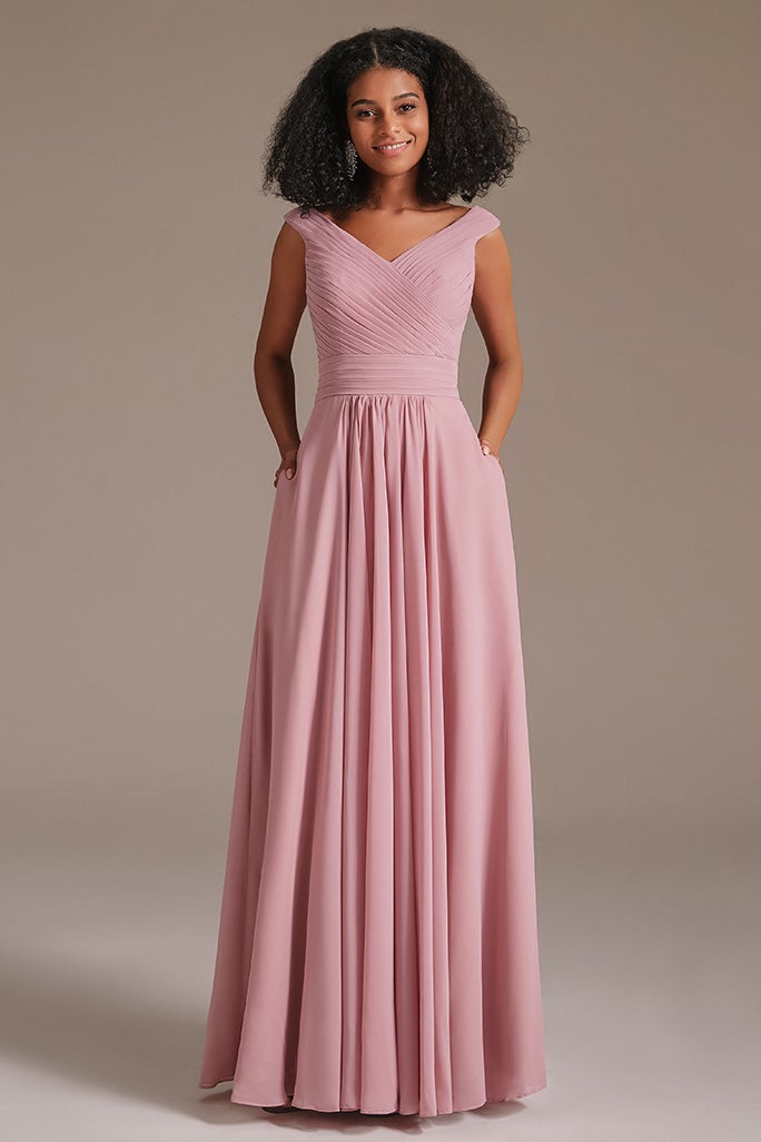 V-Neck Dusty Pink Bridesmaid Dress with Pockets