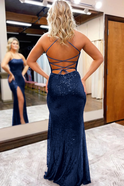 Burgundy Prom Dress with Sequins Spaghetti Straps and a Sheath Slit