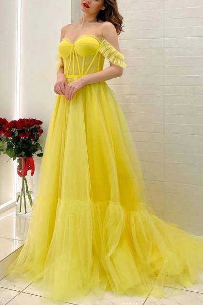 Yellow Off-the-Shoulder A-Line Corset Prom Gown