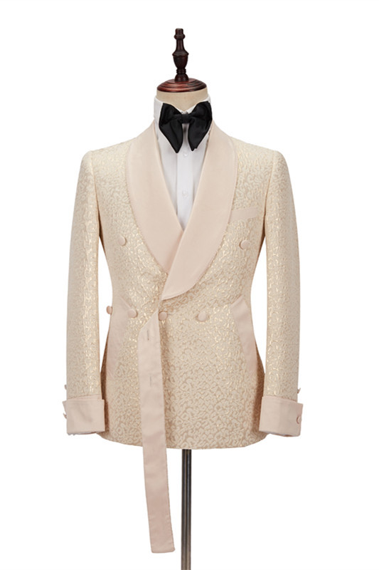 Stylish Champagne Shawl-Lapel Slim Jacquard Wedding Tuxedo for Men