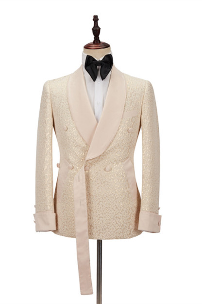 Stylish Champagne Shawl-Lapel Slim Jacquard Wedding Tuxedo for Men