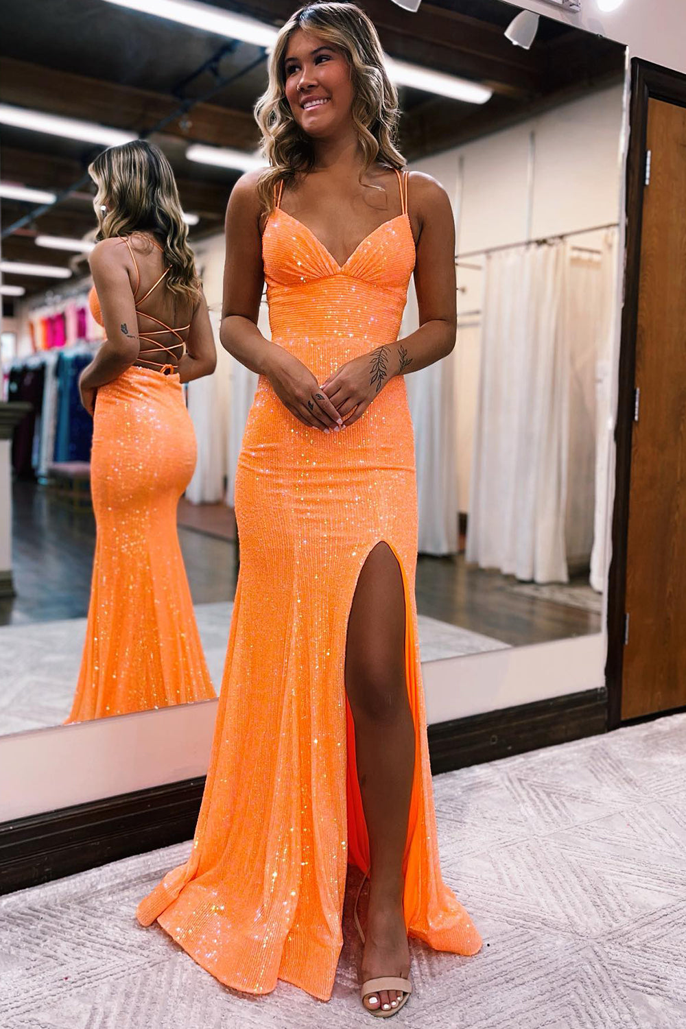 Orange Sequins Long Prom Dress with Mermaid Spaghetti Straps and Split Front