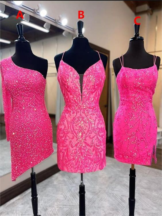 Fuchsia Chic Sequins Embroidery One Piece Short Mini cocktail Dress