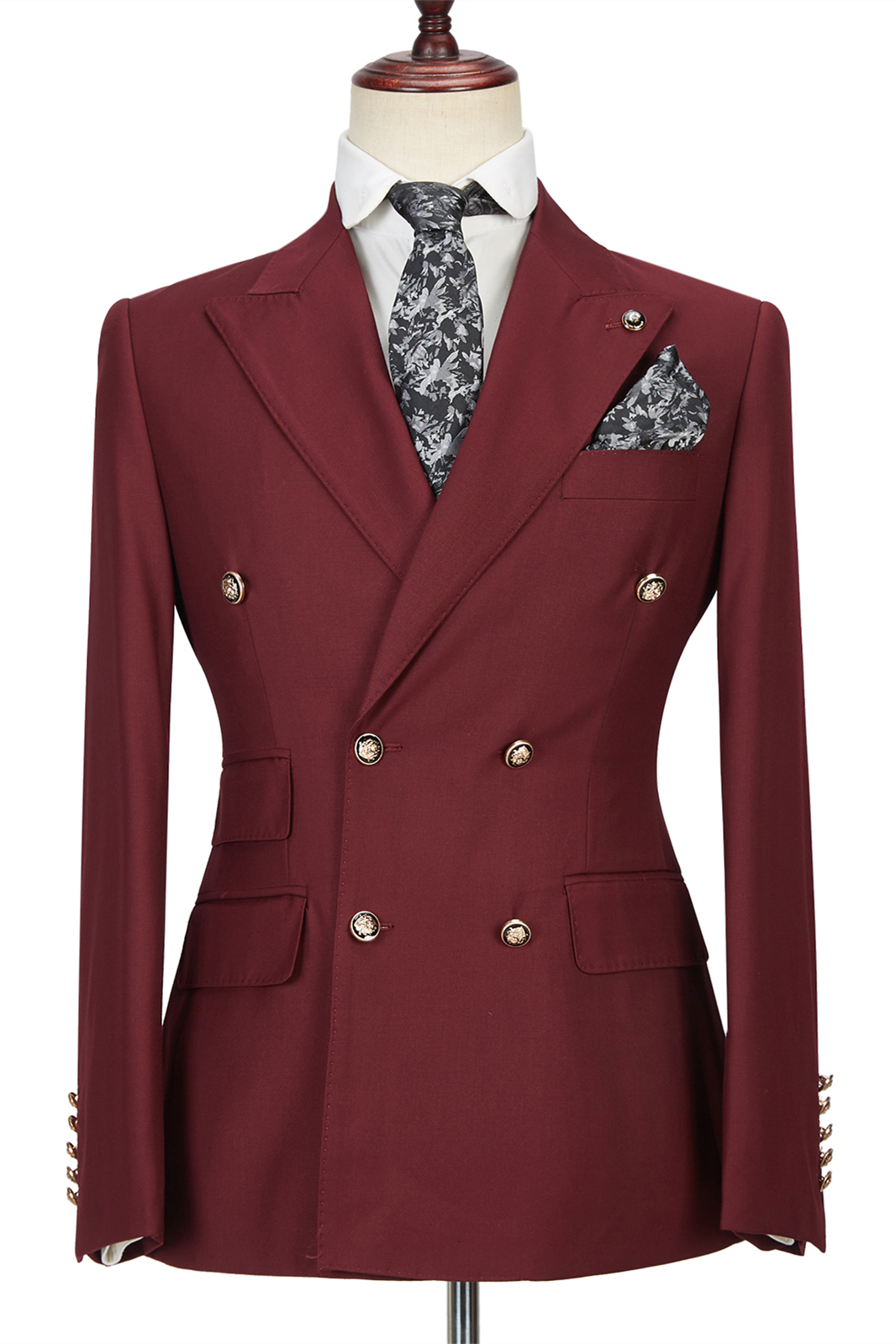 Glamorous Burgundy Double-Breasted Groomsmen Outfits with Peak Lapel