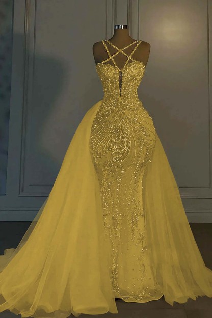 Halter Sleeveless Mermaid Long Formal Dress With Beading Tulle