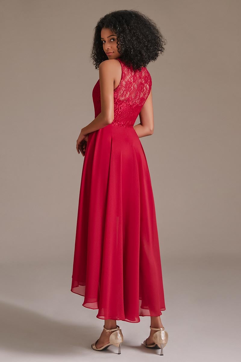 Red Lace Hi-Lo Bridesmaid Dress