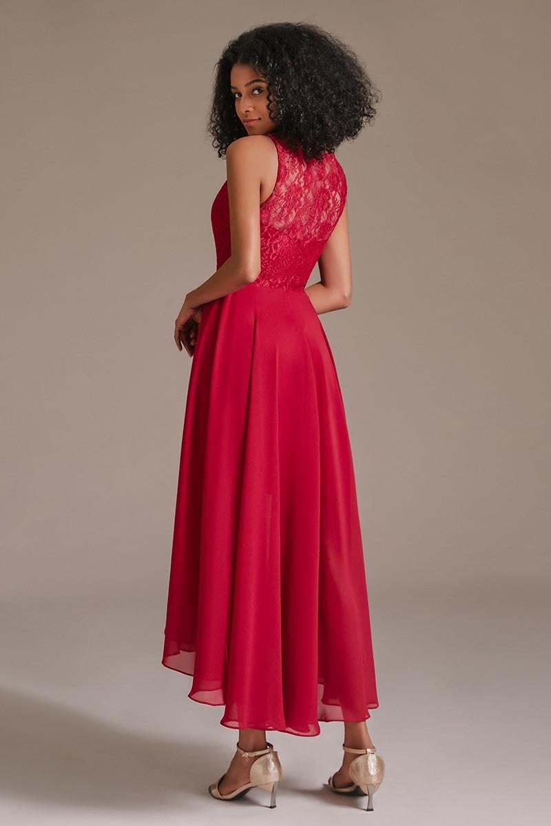 Red Lace Hi-Lo Bridesmaid Dress