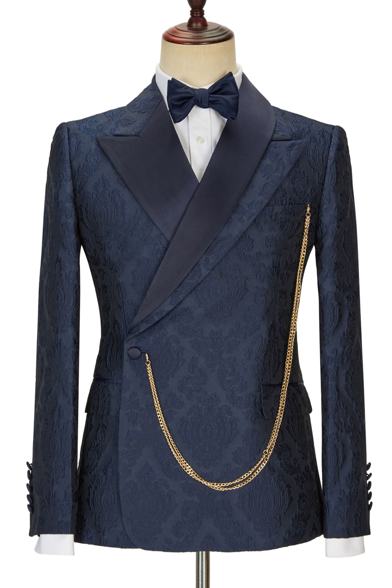 Brandon New Arrival Navy Blue Slim Fit Jacquard Peaked Lapel Wedding Men's Suits