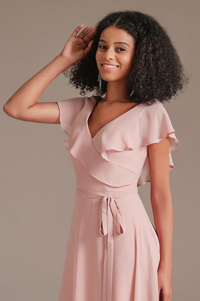 Chiffon Pink Ruffles V-Neck Bridesmaid Dress