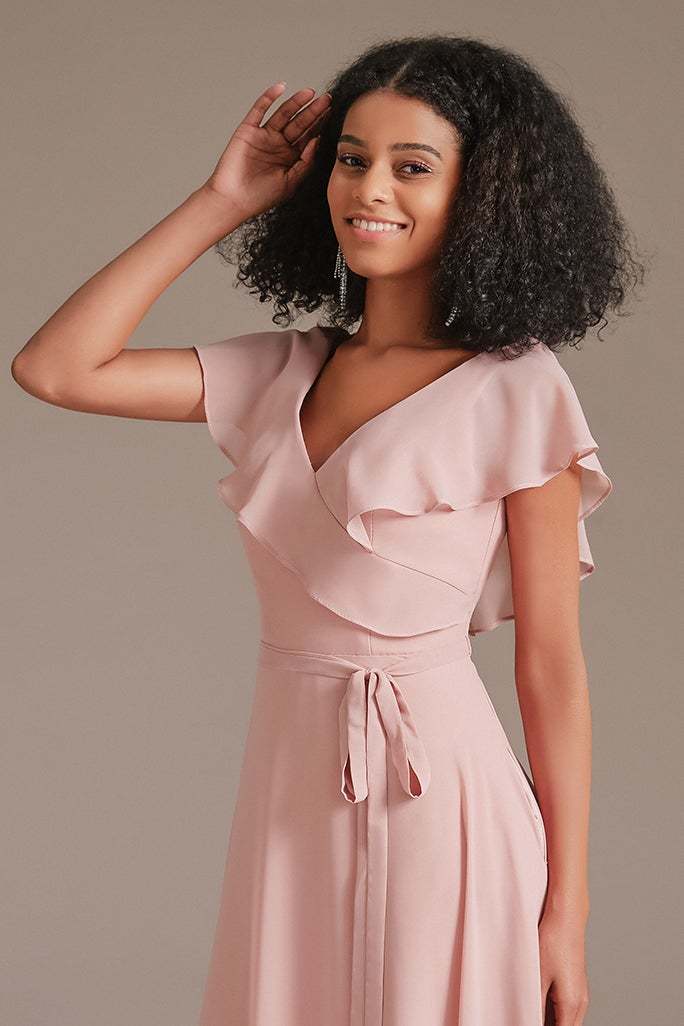 Chiffon Pink Ruffles V-Neck Bridesmaid Dress