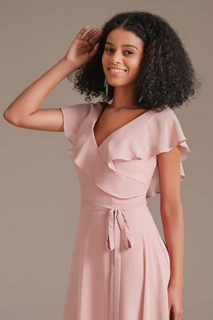 Chiffon Pink Ruffles V-Neck Bridesmaid Dress