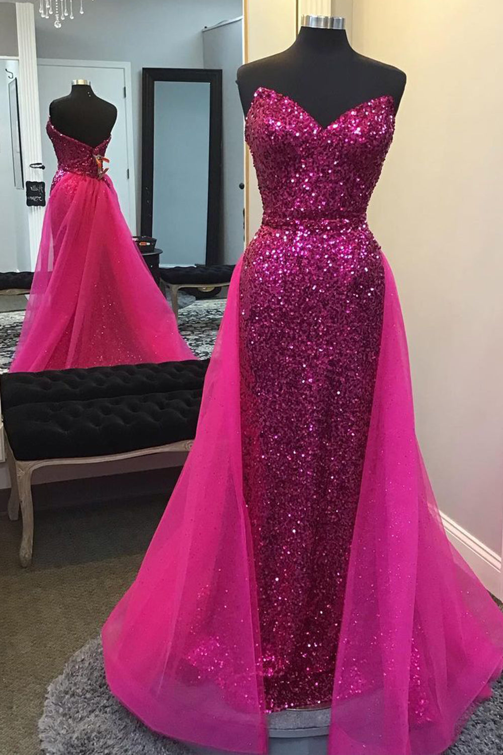 Long Prom Dress with Sparkly Hot Pink Detachable Sequined Train