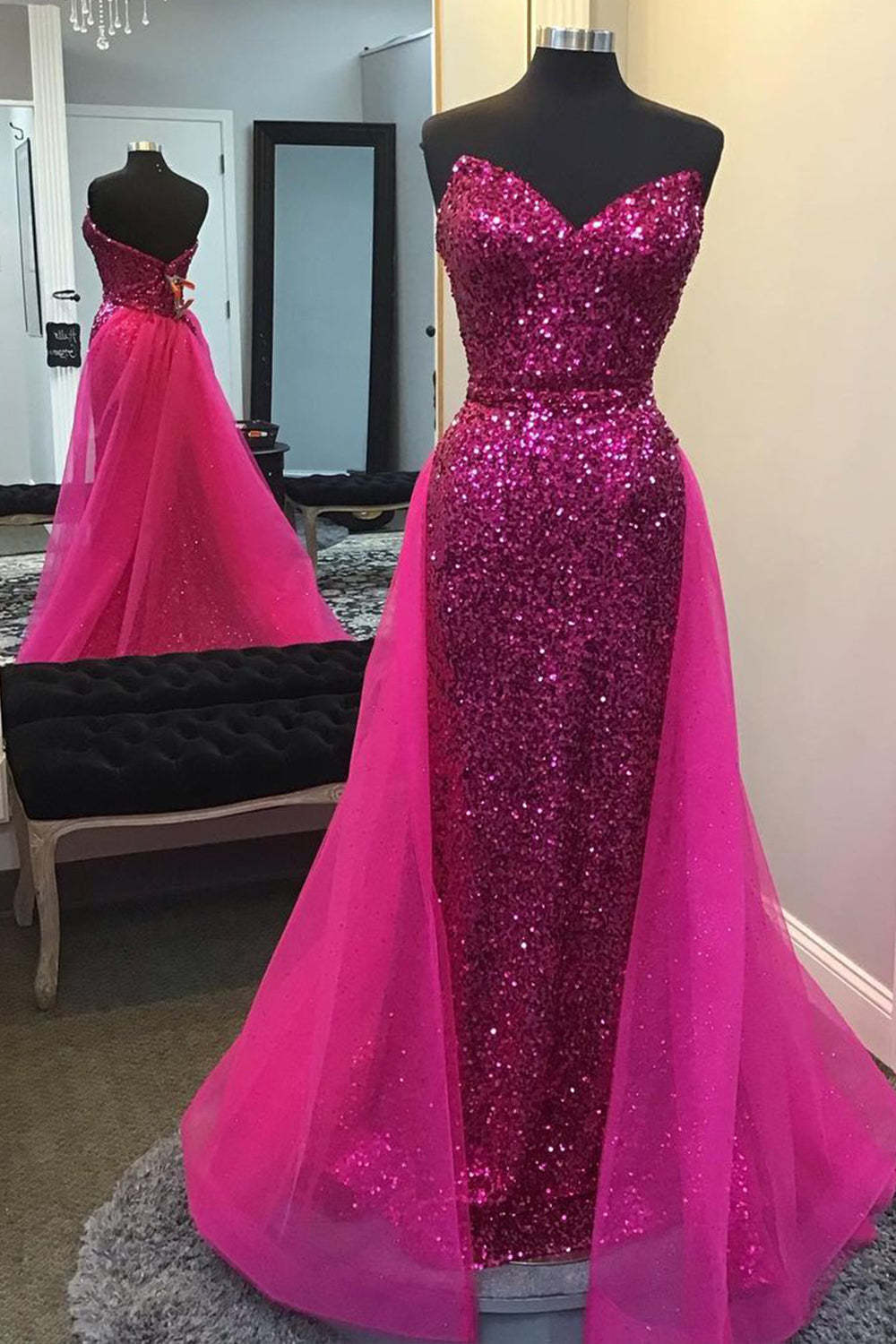 Long Prom Dress with Sparkly Hot Pink Detachable Sequined Train