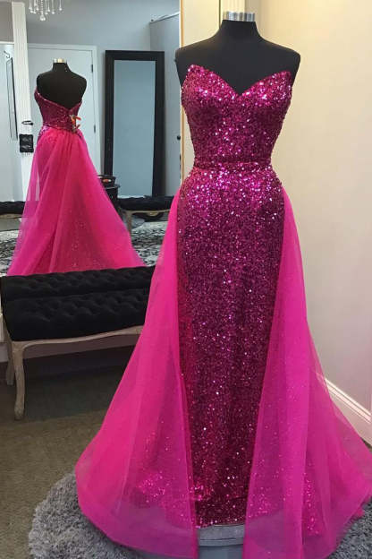 Long Prom Dress with Sparkly Hot Pink Detachable Sequined Train