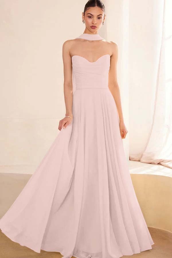 Chiffon Strapless Sleeveless Long A Line Formal Dress With Pleated