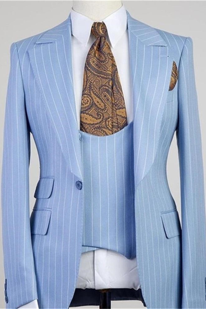 Gorgeous Blue Stripe Three-Piece Groomsmen Tuxedos Peaked Lapel