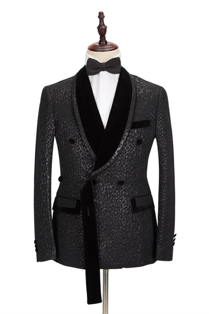 Stylish Velvet Lapel Double-Breasted Prom Suit Belt Leopard Black Jacquard Men's Suit for Wedding